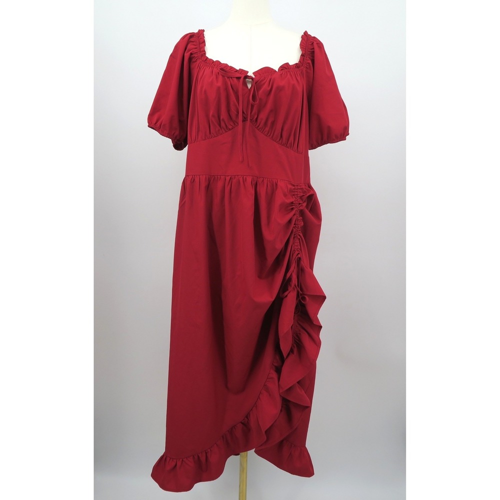 Scarlet Darkness Red Milkmaid Midi Dress 2XL Puff Sleeve Ruffle Smocked Back